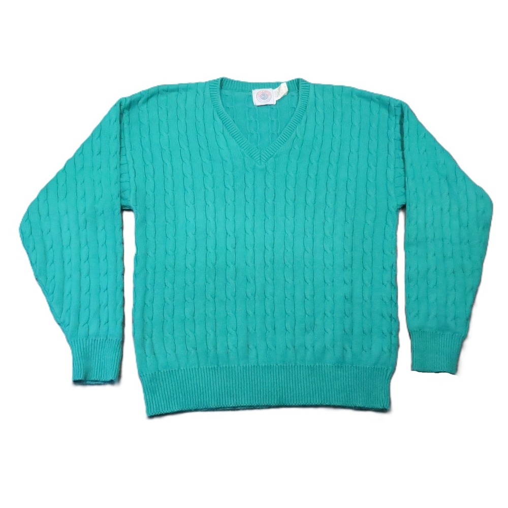 Cape Isle Knitters Cable Knit V-Neck Sweater M Teal Colorful Vintage USA 90s